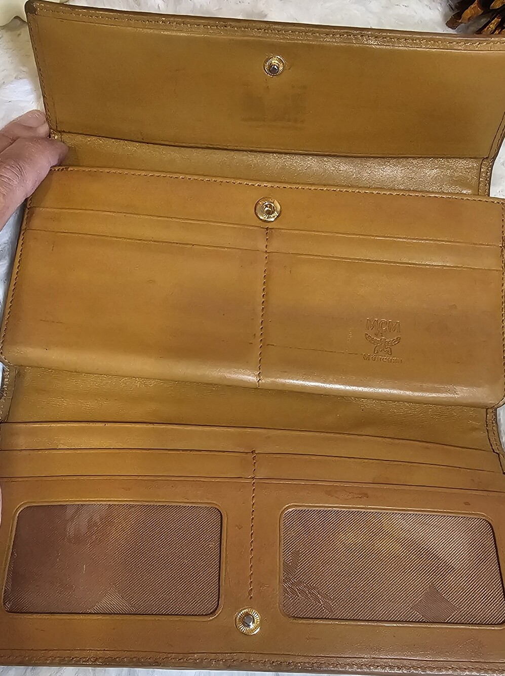 MCM Cognac Logo Wallet with Light Blue and White Stripe - Picture 9 of 16